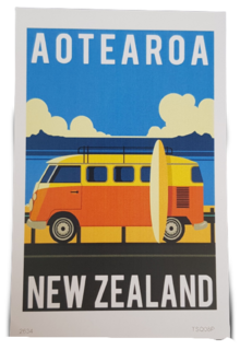 Aotearoa New Zealand VW Campervan Art Postcard