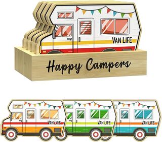 HAPPY CAMPERS set of 4 motorhome coasters in stand