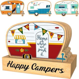 HAPPY CAMPERS set of 4 caravan coasters in stand