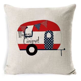 Cushion cover HAPPY CAMPER caravan red, white, blue, stars