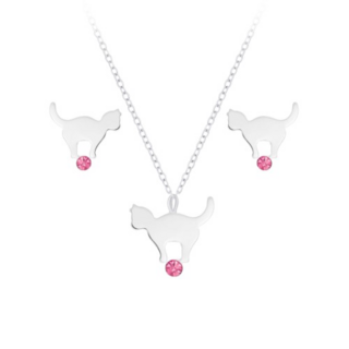 Cat on Crystal Ball Sterling Silver Necklace and  Earring Set