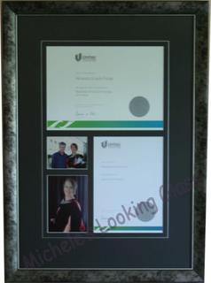 Degree, certificate and photos framed together