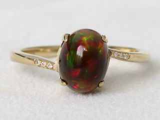 9k Yellow Gold Black Fire Opal & Diamond Ring