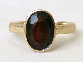 9k Yellow Gold 1.77ct Black Fire Opal Ring Hammer Finished