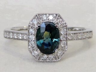 14k White Gold 1ct Teal Sapphire & 0.26ct Diamond Ring