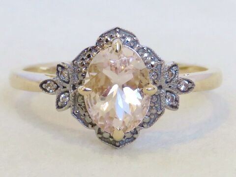 9k Yellow & White Gold 1.04ct Peach Pink Morganite & White Sapphire Ring