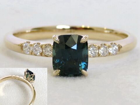 14k Yellow Gold 1.2ct Teal Sapphire & 0.12ct Diamond Ring