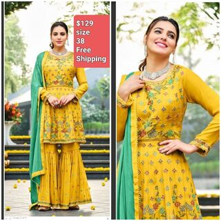 Brighten up your wardrobe with this elegant mustard yellow sharara