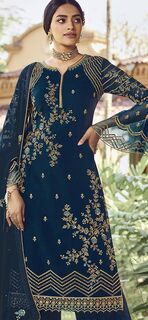 Beautiful teal blue georgette palazzo pant suit with embroidery work