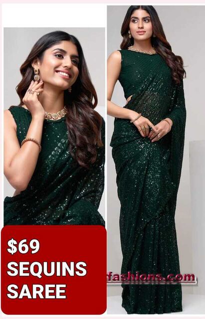 Dark Green  Sequins Work  Saree