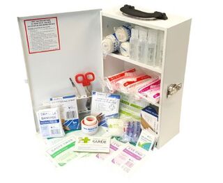Food/Catering Large First Aid Kit in clear front portrait metal cabinet
