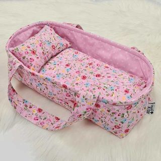 Dolls Carry Cot - Pink Floral with Pale Pink/White Spot Lining