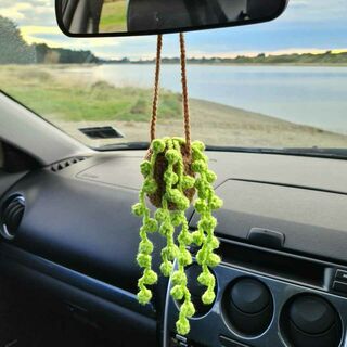Crocheted Hanging String of Pearls Car Plant - Pale Green with Light Brown Pot