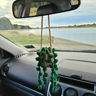 Crocheted Hanging String of Pearls Car Plant - Dark Green with Light Brown Pot