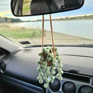 Crocheted Hanging String of Pearls Car Plant - Sage Green with Light Brown Pot