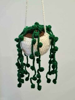Crocheted Hanging String of Pearls House Plant - Dark Green with Cream Pot