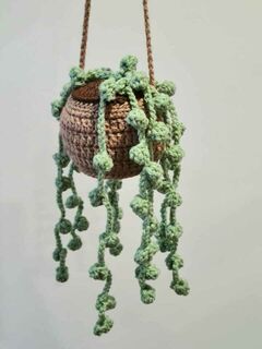 Crocheted Hanging String of Pearls House Plant - Sage Green with Light Brown Pot