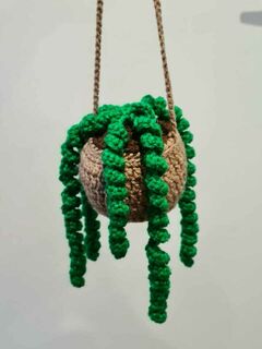 Crocheted Hanging Curly House Plant -  Green with Cream Pot
