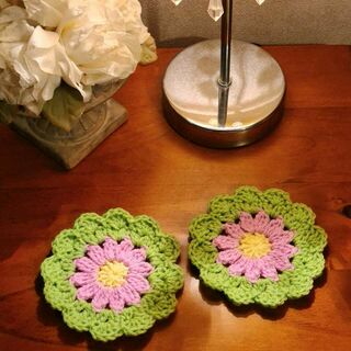 Crocheted Pink Daisy Coasters - Set of 2