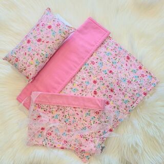 Small Dolls 4 Piece Cot Set - Duvet, Pillow, Mattress and Bag - Pink Floral