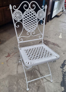 Chair White Wrought Iron Folding (H: 0.96m W: 0.42m D: 0.38m)