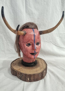 Human Head Trophy w/ Antlers (H: 40cm x W: 26cm x D :30cm)