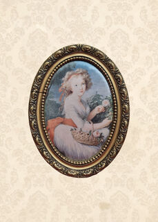 Oval Silk Portrait - Girl Gathering Flowers - Framed (H: 30cm x W: 23cm)