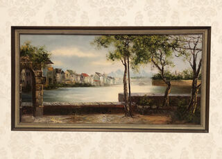 Town By Riverbank - Framed Painting (H: 69cm x W: 128cm)