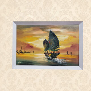 Chinese Sail Boat Painting Framed (H: 33cm x W: 48cm)