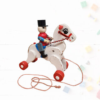 Wooden Toy Horse On String w/ Rider & Moving Head (H: 22cm x L: 23cm x W: 10cm)