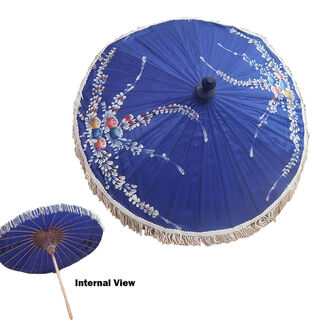 Parasol Medium Blue w/ Painted Flowers & White Tassel  (H: 55cm x Dia: 60cm)