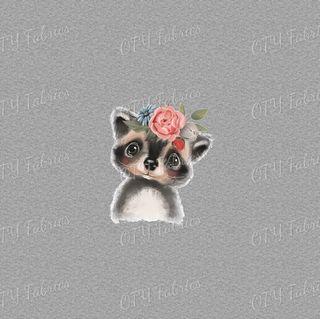 Grey Marle Cute Animal Panel -  Floral Raccoon