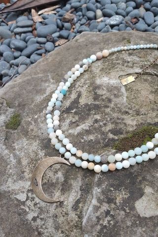 Amazonite Layered Necklace with Waning Crescent Moon