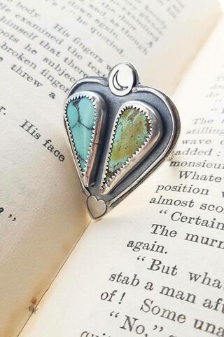 Double Turquoise Silver Heart Ring