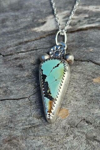 Turquoise Teardrop Silver Pendant with Sun detail on Sterling Silver Chain