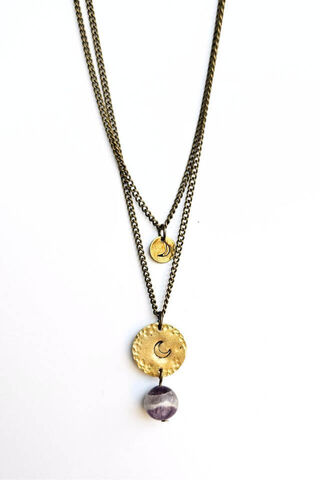 Layered Bohemian Amethyst Necklace with Moon Details