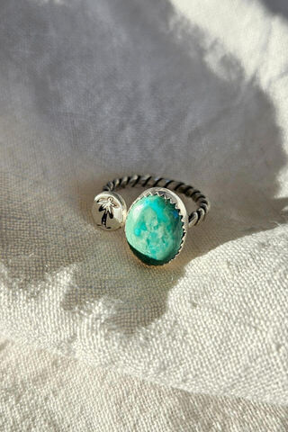 Tibetan Turquoise and Silver Palm Tree Ring Size 7 Adjustable
