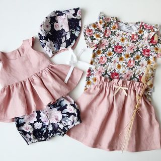 Dresses, Playsuits, Leggings, Overalls, Tops, Bloomers, Bonnets, Scrunchies, Bowties and more.