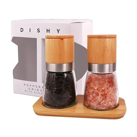 SALT & PEPPER GRINDER SET W'BAMBOO TRAY