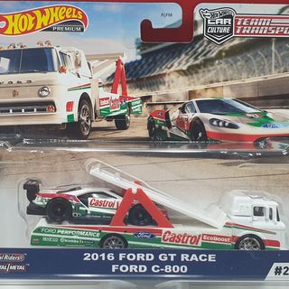 Hot Wheels 2016 Ford GT Race Castrol on a Ford C-800 Truck