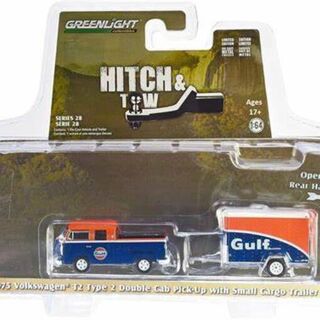 Greenlight 1975 Volkswagen T2 Type 2 Double Cab Pick-Up with Small Cargo Trailer.