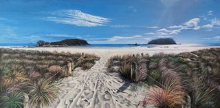 Landscape painting titled FOOTSTEPS IN THE SAND