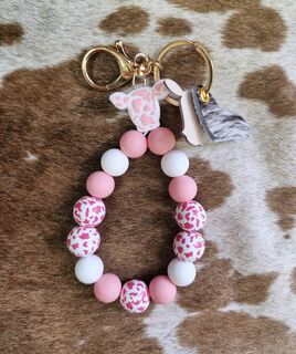 Pink Cow Head Beaded Keychain