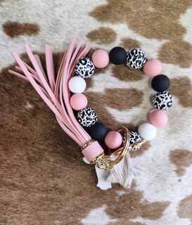 Pink White Black Beaded Keychain