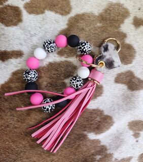 Hot Pink, White and black beaded keychain