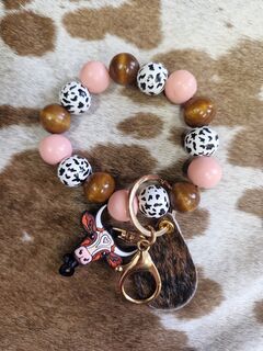 Pink Cow Head Beaded Keychain