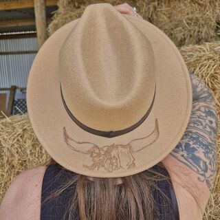 Wide Brim Hat with Cow Skull and Flower Design