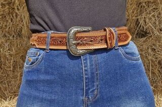 Brown & White Beaded Hand Tooled Leather Belt