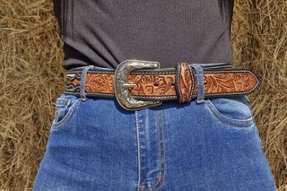 Red & White Beaded Hand Tooled Leather Belt