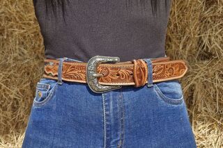 Turquoise & Black Beaded Hand Tooled Leather Belt